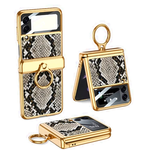 CQUUKOI for Z Flip 3,Samsung Galaxy Z Flip 3 Case with Ring Stand Luxury Crocodile Skin Leather Electroplated Magnetic Hinge Camera Lens Protector Case for Galaxy Z Flip 3 5G 2021 (Python)