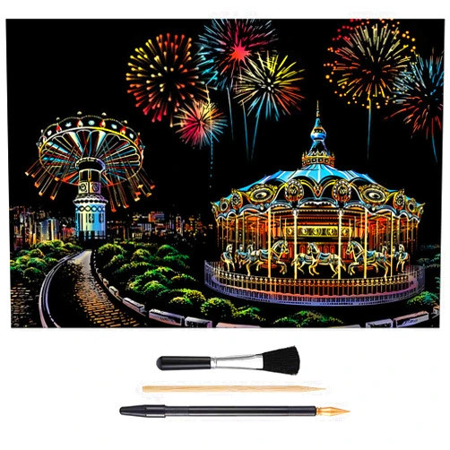 MIASTAR Scratch Painting Kits for Adults & Kids, Craft Art Set, Rainbow Scratch Art Painting Paper, Sketch Pad DIY Night View Scratchboard, 16'' x 11.2'' Creative Gift - with 3 Tools (Amusement Park)