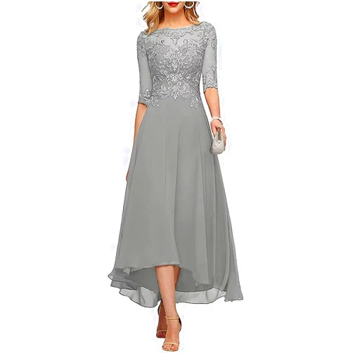 FNKSCRAFT Lace Appliques Mother of The Bride Dress 3/4 Sleeves A line Tea Length Chiffon Formal Wedding Party Prom Gowns for Women
