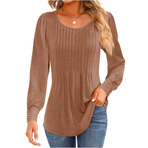 Ficerd Women's Puff Long Sleeve Tunic Tops Pleated Crew Neck Blouses Dressy Casual Loose Fit Fall and Winter Shirts