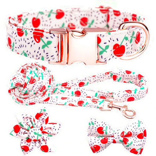 Hilkycton Dog Collar and Leash Set with Flower Bow Tie Girls Dog Collar Dog Tag Metal Buckle Adjustable for Small Medium Large Dogs Cherry-XS