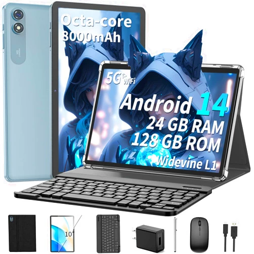 Suicoey 2025 Tablet, 10 inch Android 14 Tablet with Keyboard, 24GB RAM+128GB ROM(1TB Expand), Octa Core, 5G/2.4G WiFi, 8000mAh, BT V5.0, 2 in 1 Tablet with Case, Mouse, Stylus, Split-Screen(Black)