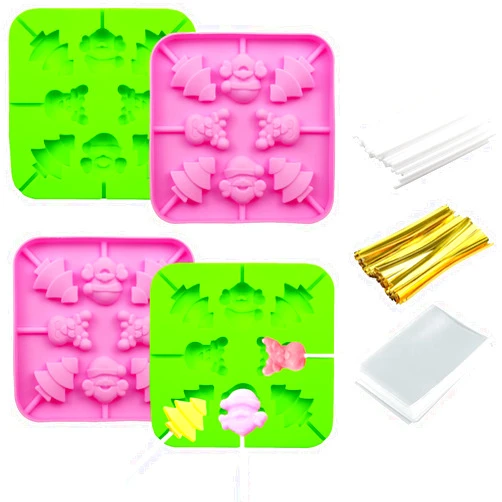 CNYDD Christmas Candy Molds Silicone Lollipop Molds 4 Pcs Chocolate Lollipop Molds including elk Santa Claus Christmas tree Xmas hat Bear flower Molds with Lollipop Sticks, Treat Bags and Twist Ties
