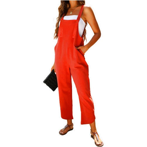Omoone Women Sleeveless Cotton Straps Baggy Jumpsuit Overalls Casual Summer Bib Rompers Pockets