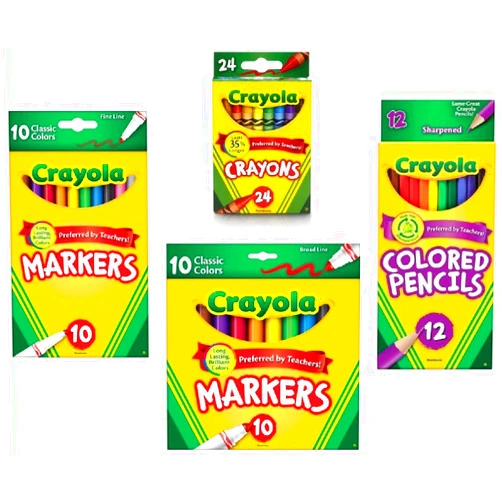 Crayola Crayons (24 Count), Colored Pencils in Assorted Colors (12 Count), (10ct) Classic Fine Line Markers, and (10ct) Classic Broad Line Markers Holiday Bundle