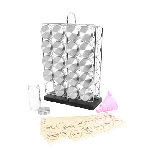 Orii 20 Jar Chrome Wire Spice Rack with Bamboo Base | Includes Silicone Funnel | 160 Preprinted + 20 Blank Spice Labels Included | Compact and Minimalistic Kitchen Pantry Spice Organizer Rack