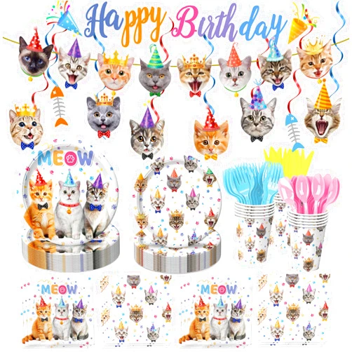 QIYANPAX 170PCS Cat Birthday Decorations Cat Birthday Party Supplies - Includes Plates, Napkins, Cups, Cutlery, Banner, Hanging Swirl for Cat Birthday Party Decorations, Serves 24