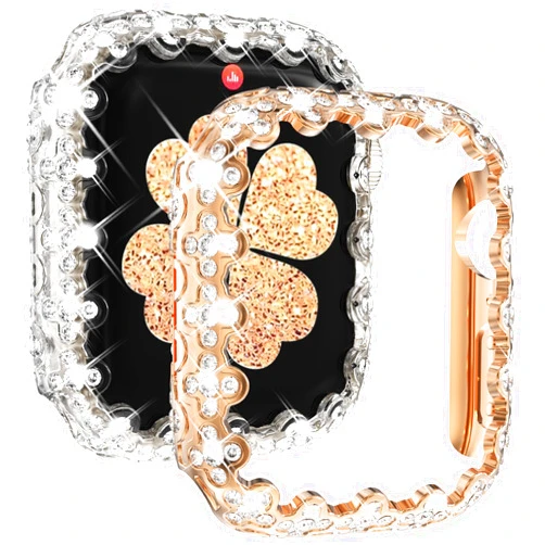 NewWays 2-Pack Bling Bumper Case Compatible with Apple Watch Series 6/5/4/SE/SE2 40mm, 4 Leaf Colver Diamond Protective Face Cover for Women, Hard PC Frame Protector for iWatch 40mm Clear/Rose Gold