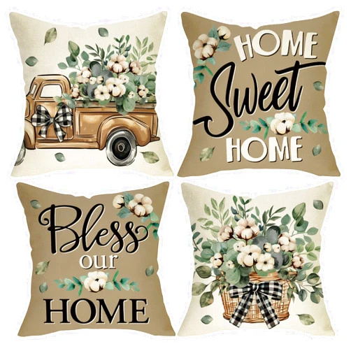 Fjfz Home Sweet Home Farmhouse Decorative Throw Pillow Covers 18x18 Set of 4, Bless Our Home Country Truck Cotton Eucalyptus Leaves Outdoor Decor, Rustic Sofa Couch Cushion Case Housewarming Gift