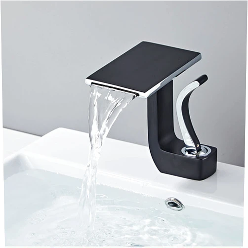 WAZZJ Waterfall Bathroom Faucet Glass Single Handle Solid Brass Basin Lavatory Vessel Sink Vanity Faucet (Black+Silver)