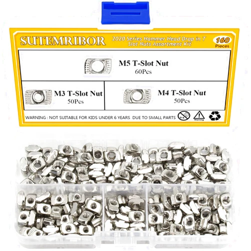 Sutemribor 160 Pieces 2020 Series T Nuts, M3 M4 M5 T Slot Nut Hammer Head Fastener Nut for Aluminum Profile