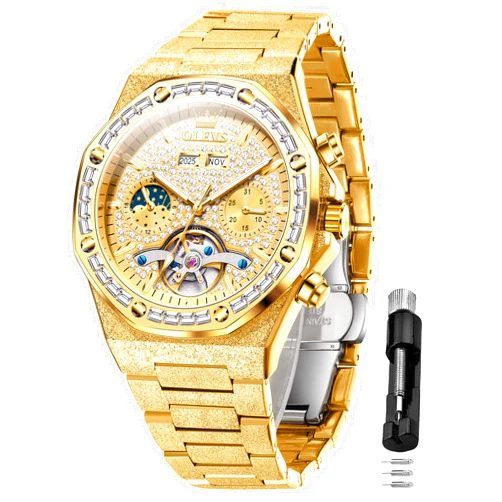 OLEVS Automatic Watch for Men Self-Winding Diamond Waterproof Stainless Steel Wrist Watches Tourbillon Skeleton Mechanical