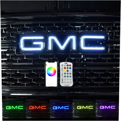 RGB Halo Kits Multicolored LED Logo to fit GMC Front Emblem - Illuminated Truck Logos 2007-2018 Sierra Models - Replacement to fit GMC Emblems for Trucks - LED Truck Logo Emblems - Made in USA