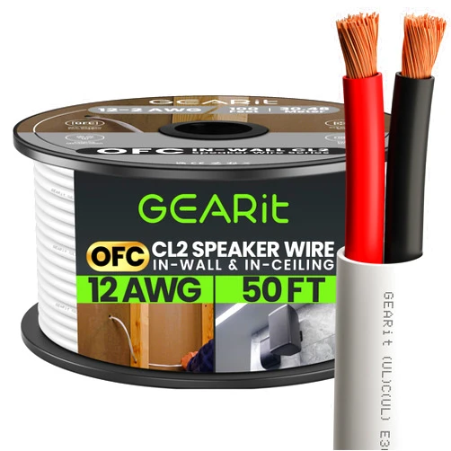 GearIT 12/2 Speaker Wire (50 Feet) 12AWG Gauge - in Wall Audio Speaker Wire Cable / CL2 Rated / 2 Conductors - OFC Oxygen-Free Copper, White 50ft