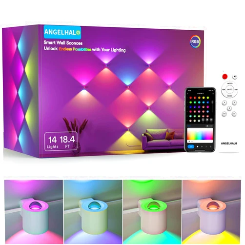 ANGELHALO Smart Wall Sconces, Music Sync Indoor Double-Headed Wall Lights, Works with Alexa, Multicolor LED Wall Light for Home Decor, Dynamic Scenes Indoor Light for Living Room, Bedroom 18.4ft