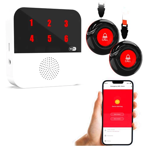 SanJie WiFi Smart Wireless Caregiver Pagers for Elderly Alert Button That Calls Cell Phone Caregiver Alert System with LED Number Display 2 SOS Call Button 1 Receiver(Only Supports 2.4GHz & No Monthly Fee)