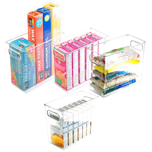 mDesign Plastic Tall Food Storage Organization Container Bin with Handles for Kitchen, Pantry, Cabinet, Fridge/Freezer, Countertop - Organizer for Snacks/Appliances, Ligne Collection, 4 Pack, Clear