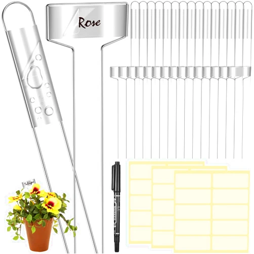 LEIFIDE 61 Pieces Zinc Plant Tags Kit, 30 Pcs 10 Inch Rectangle Metal Plant Labels, 30 Rainproof Pet Films, 1 Marker Pen, Reusable Garden Waterproof Markers Tags(T U Shape)