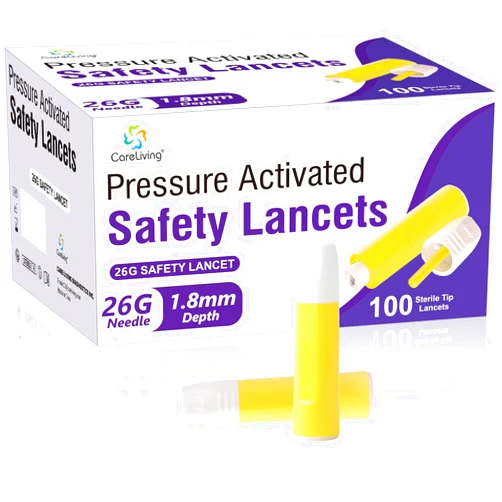 CARELIVING Safety Lancets, 100 Count Sterile, Pressure Activated Activation, 26 Gauge Needle, 1.8 mm, Single-Use, Gentle for Comfortable Testing