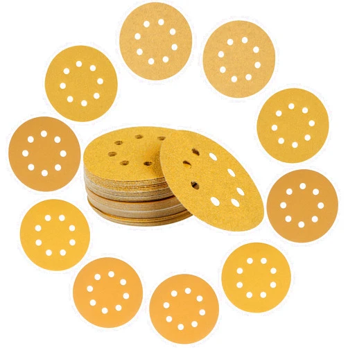 Mestool 5-Inch 8-Hole Hook and Loop Gold Sanding Discs, Box of 50 Sandpaper Include 60 80 120 150 and 220 Grits
