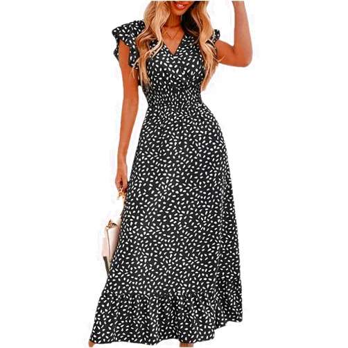 Generic Women'S Ruffles V-Neck Hjgh Waist Long Dress Bohemian Sleeveless Print Maxi Dress