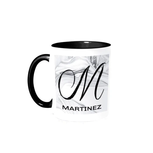 3dRose White Marble Monogram M - Martinez 11oz Two-Tone Black Mug