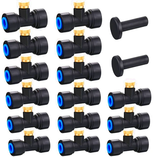 Hotop Brass Misting Nozzles 1/4 Inch Sliding Lock Mister Nozzles Tees with Plugs for Outdoor Cooling System Misting System(15 Pieces)