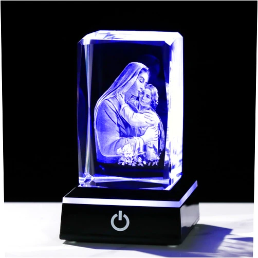 Precious Memorial 3D Crystal Virgin Mary Figurine Statue - Christian Gifts for Women Men with Colorful Light Base - Laser Engrave Religious Gifts for Friends Birthday Unique