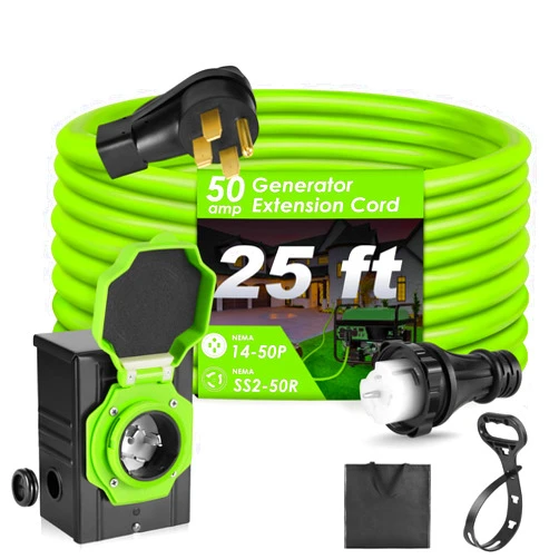 Seeutek 50 Amp Generator Extension Cord 25 Feet, Generator Cord 125V/250V 12500W, Portable Cable NEMA 14-50P/SS2-50R with Pre-Drilled Power Inlet Box, ETL Listed