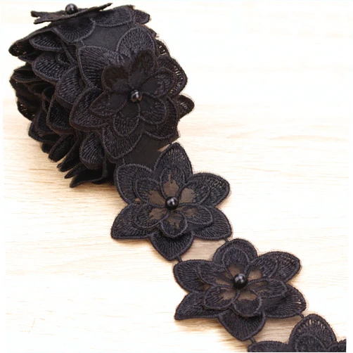 DHFLYDH Organza Flower Trim 2 Yards Lace Edge Trim Ribbon, Vintage Edging Trimmings Fabric Embroidered Applique Sewing Craft for Wedding Dress Embellishment DIY Dress Decor, Gowns, Home Decor (Black)