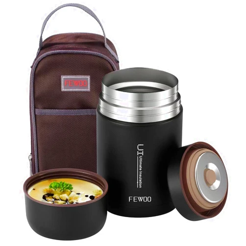 FEWOO Food Jar - 27oz Vacuum Insulated Stainless Steel Lunch Thermos, Leak Proof Soup Containers with bag for Hot or Cold Food (Black)