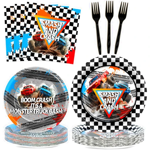 CHUNNIN 96Pcs Monster Truck Party Plates and Napkins for Monster Truck Birthday Party Supplies Paper Dessert Plates Tableware Set for Kids Boys 24 Guests Birthday Decorations