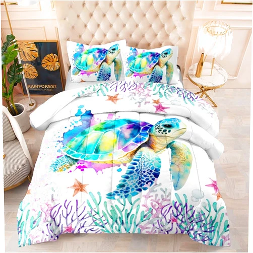 Suncloris Watercolor Ocean Sea Turtle Comforter Set for Girls Kids Teens, Twin Size Graffiti Tie Dye Turtle Bedding Quilt with 2 Pillowcases - 68