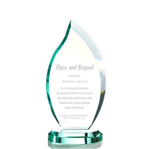 Baudville Engraved Trophy - Jade Glass - Flame Shape - Award for Employees - Comes in Gift Box