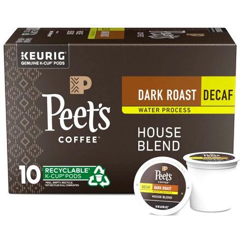 Peet's Coffee, Dark Roast Decaffeinated Coffee K-Cup Pods for Keurig Brewers - Decaf House Blend 10 Count (1 Box of 10 K-Cup Pods) Packaging May Vary