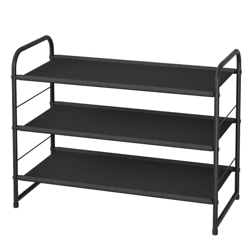 Simple Trending 3 Tier Stackable Shoe Rack, Expandable Adjustable Fabric Shoe Shelf Storage Organizer, Black