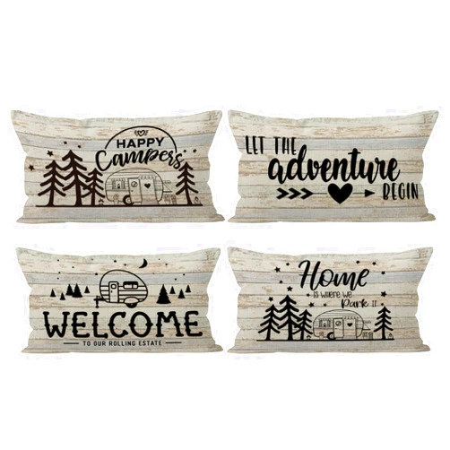 SiuSue Camper Vintage Wood Linen Throw Pillow Case, 20 x 12 Inch Set of 4, Camping Lovers Gifts, Campers Gifts, Camper Decor, RV Decor, Welcome Lumbar Decor, Trailer Pillow Cushion Cover for Sofa Couch Bed