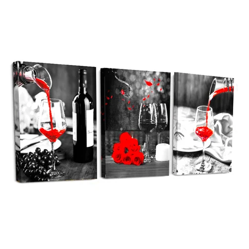 TTHYUEWS Kitchen Wall Art For Dining Room Wall Decor Still Life Black And White Canvas Art Prints Wine Barrel Bar Red Rose Painting Modern Family Wall Decorations Restaurant Bedroom Decor Artwork 3 Piece Set