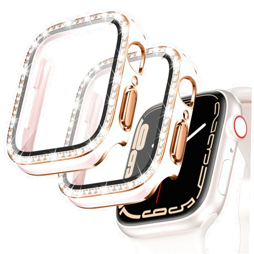Goton 2 Pack Bling Screen Protector Case for Apple Watch Series 3 2 1 38mm with Tempered Glass, Women Glitter Diamond Rhinestone Full Protective Bumper Cover for iWatch Accessories 38mm Pink