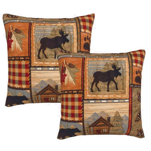 DATANSEN Set of 2 Square18x18 inch Retro Brown Throw PillowCovers Rustic Lodge Bear Moose Decorative Throw Pillowcase for Home Sofa Soft Velvet Cushion Cases (45x45 cm) House Cabin Pine Nut