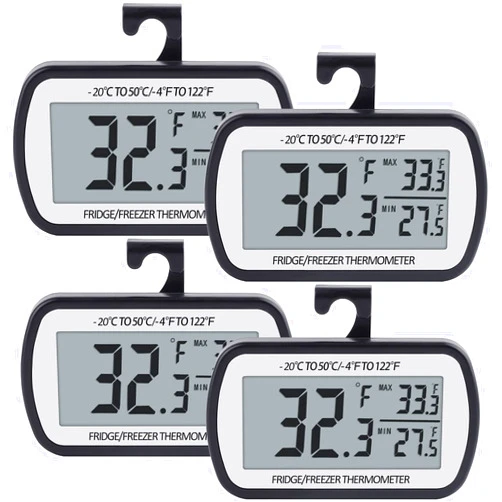 AEVETE Refrigerator Thermometer Digital Fridge Freezer Thermometer with Magnetic Back Large LCD, No Frills Easy to Read (Black-4 Pack)