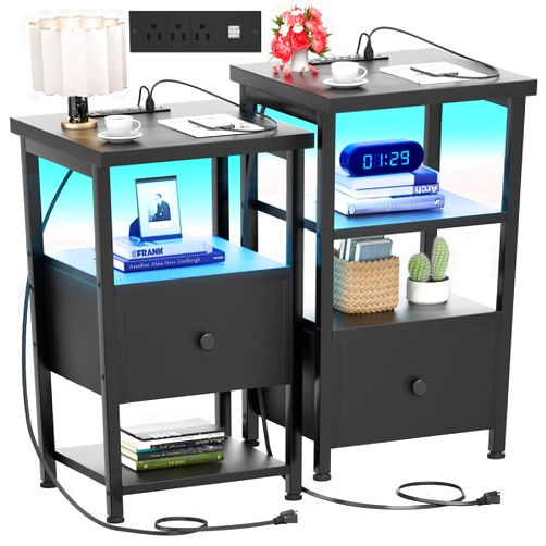 Girapow Nightstands Set of 2, 3-Tier Nightstand with LED Lights, 26.8'' Nightstands with Charging Station and USB Ports, Adjustable Wood Drawer, End Table Bedside Table with Storage for Bedroom, Black