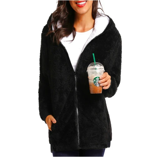 Caissip Fleece Coat for Women,Women's Oversized Zip Up Hooded Jacket Winter Plus Size Sherpa Coat