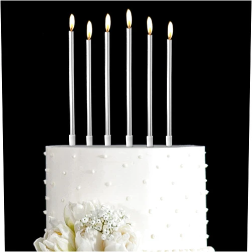 Aplusplanet 24 Count Silver Long Thin Cake Candles, Metallic Cake Candles in Holders for Cupcake Wedding Party Cake Birthday Cake Decorations