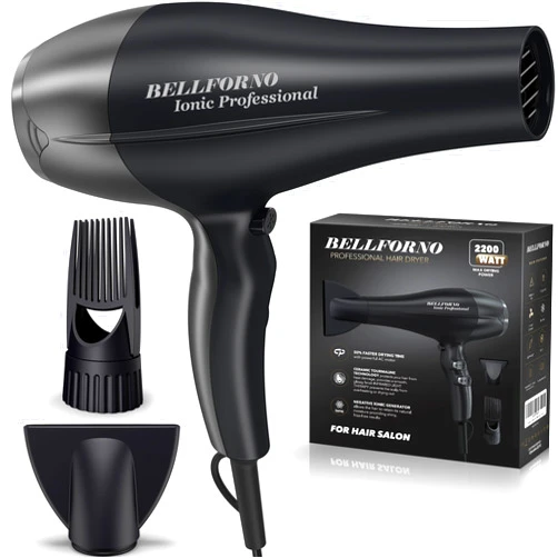 BELLFORNO Fast-Dry 2200W Negative Ionic Ceramic Hair Dryer Tourmaline Technology - Lightweight & Quiet Professional Salon Blow Dryer with ADC Motor - hairdryer