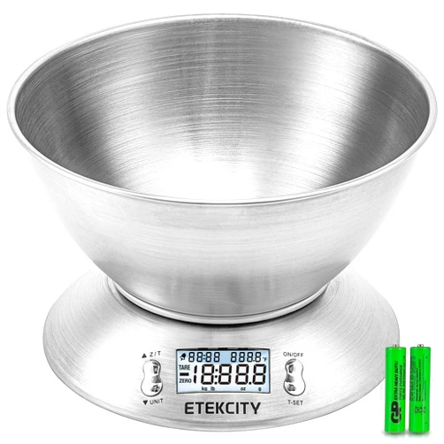 Etekcity Food Kitchen Scale with Bowl, Digital Weight Scale for Food Ounces and Grams, Cooking and Baking, Timer, and Temperature Sensor, 2.06 QT, Stainless Steel