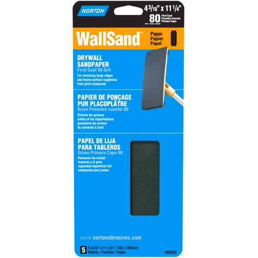 Norton 03253 Wallsand 80D Grit Die-Cut Drywall Screen Sanding Sheet, 4-3/16-Inch Wide x 11-Inch Long, 5-Pack