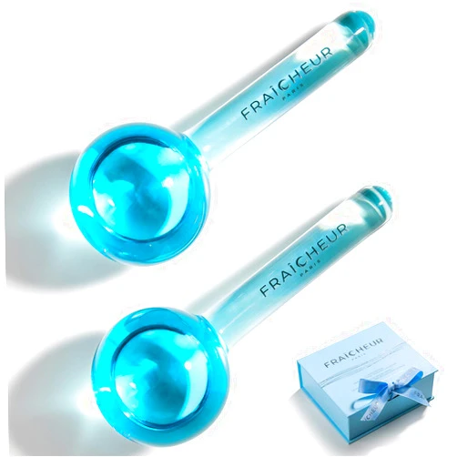 Fraîcheur Paris FRAÎCHEUR ICE GLOBES | Frozen Cryo Roller for Cold Facial Massage | Skincare Cooling Glass Massager with Anti-Freeze Liquid Inside | Reduce Puffiness, Pores and | Bonus Massage Techniques eBook (BLUE)