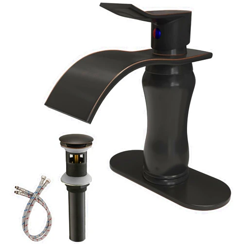 BWE Oil Rubbed Bronze Bathroom Faucet Waterfall with Pop Up Drain Stopper Assembly Water Supply Hose Rustic Lavatory Vanity Bath Farmhouse Single Handle Bathroom Faucets for Sink 1 Single Hole