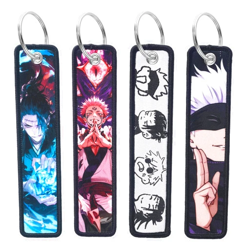 Babymiu Anime JJK Embroidered Keychain（4 Pack） Cartoon Cute Gifts Merch Party Supplies Key JDM Jet Tag Double Sided with Key Ring for Purse Charms Motorcycles Scooters Car Accessories